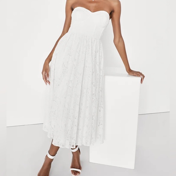 NWT Lulus Exquisite Aura White Lace Strapless Bustier Midi Dress - Picture 3 of 11